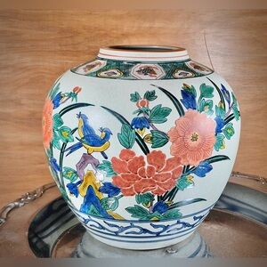Vintage Japanese Kutani Ware Floral Oriental Decor Vase w/ Birds & Crackle Glaze
